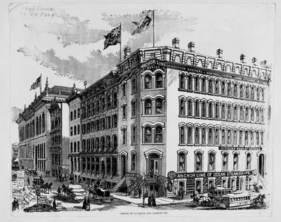 Büro der Anchor Line an der Ecke LaSalle und Madison Streets, Chicago, ca. 1875 von American School